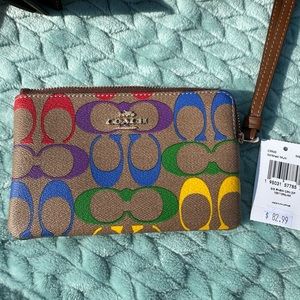 NWT Coach C9945 Corner Zip Wristlet in Rainbow Signature Canvas Pride